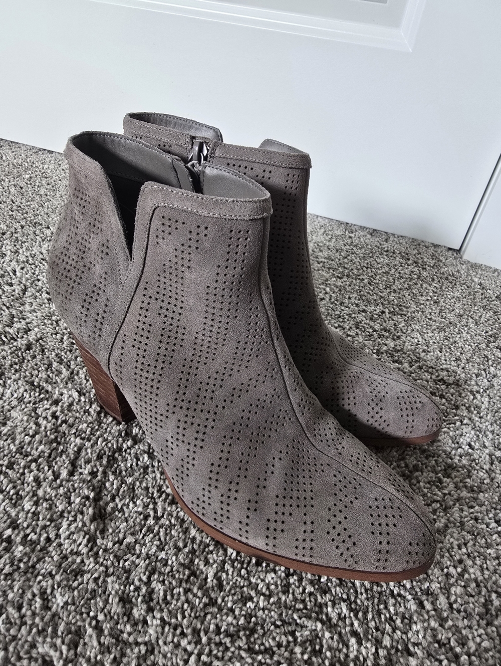 Perforated Taupe Suede Ankle Booties with Block Heel